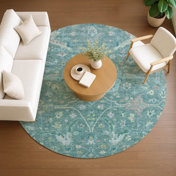 HomeRoots 8' Teal Blue & Lime Green Round Floral Rug – Washable, Durable, Stylish for Indoor & Outdoor Use! 639619