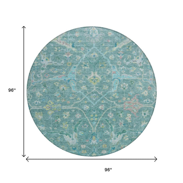 HomeRoots 8' Teal Blue & Lime Green Round Floral Rug – Washable, Durable, Stylish for Indoor & Outdoor Use! 639619