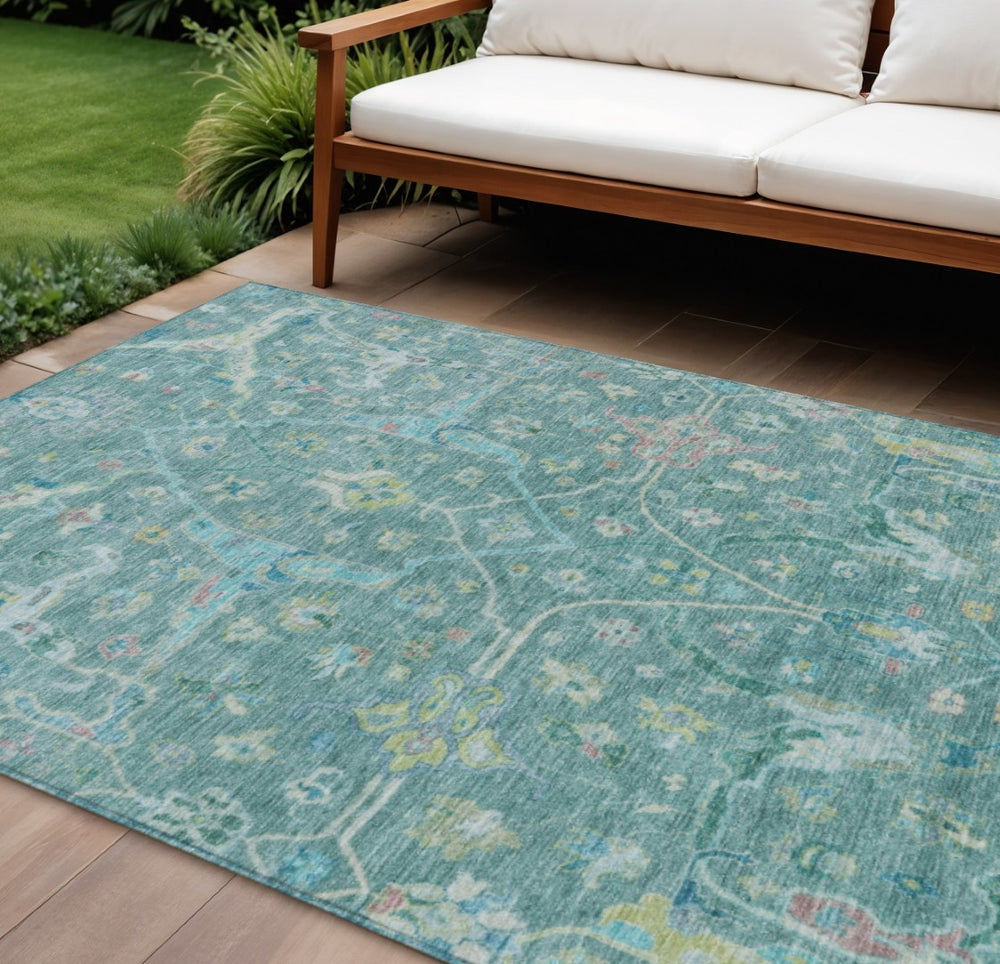 HomeRoots 8' X 10' Teal Blue & Lime Green Floral Area Rug - Durable, Washable, Indoor/Outdoor Perfect Accent! 639620