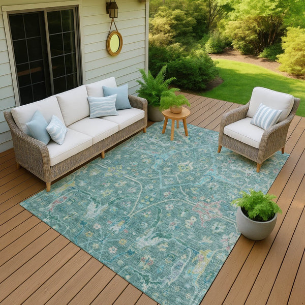 HomeRoots 8' X 10' Teal Blue & Lime Green Floral Area Rug - Durable, Washable, Indoor/Outdoor Perfect Accent! 639620
