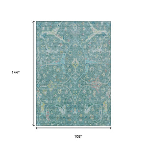 HomeRoots 9' X 12' Teal Blue & Lime Green Floral Area Rug - Stylish, Washable, Indoor/Outdoor, Durable Design! 639621