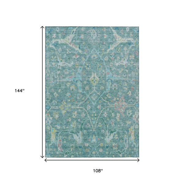 HomeRoots 9' X 12' Teal Blue & Lime Green Floral Area Rug - Stylish, Washable, Indoor/Outdoor, Durable Design! 639621