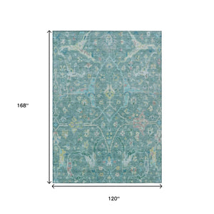 HomeRoots 10' X 14' Vibrant Teal and Lime Green Floral Washable Area Rug – Durable, Stylish, Indoor/Outdoor Use 639622