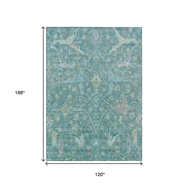 HomeRoots 10' X 14' Vibrant Teal and Lime Green Floral Washable Area Rug – Durable, Stylish, Indoor/Outdoor Use 639622