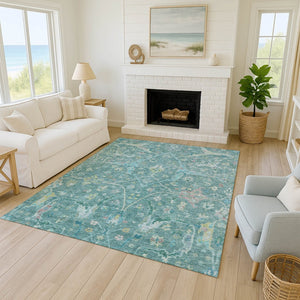 HomeRoots 10' X 14' Vibrant Teal and Lime Green Floral Washable Area Rug – Durable, Stylish, Indoor/Outdoor Use 639622