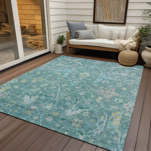 HomeRoots 10' X 14' Vibrant Teal and Lime Green Floral Washable Area Rug – Durable, Stylish, Indoor/Outdoor Use 639622