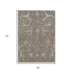 HomeRoots 5' Indoor Outdoor Washable Area Rug - Elegant Brown, Blue & Ivory Floral Design for Every Space 639624
