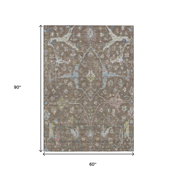 HomeRoots 5' Indoor Outdoor Washable Area Rug - Elegant Brown, Blue & Ivory Floral Design for Every Space 639624