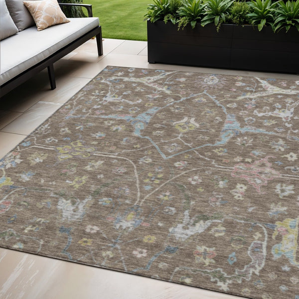 HomeRoots 5' Indoor Outdoor Washable Area Rug - Elegant Brown, Blue & Ivory Floral Design for Every Space 639624