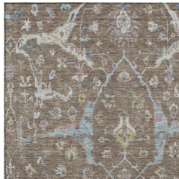 HomeRoots 5' Indoor Outdoor Washable Area Rug - Elegant Brown, Blue & Ivory Floral Design for Every Space 639624