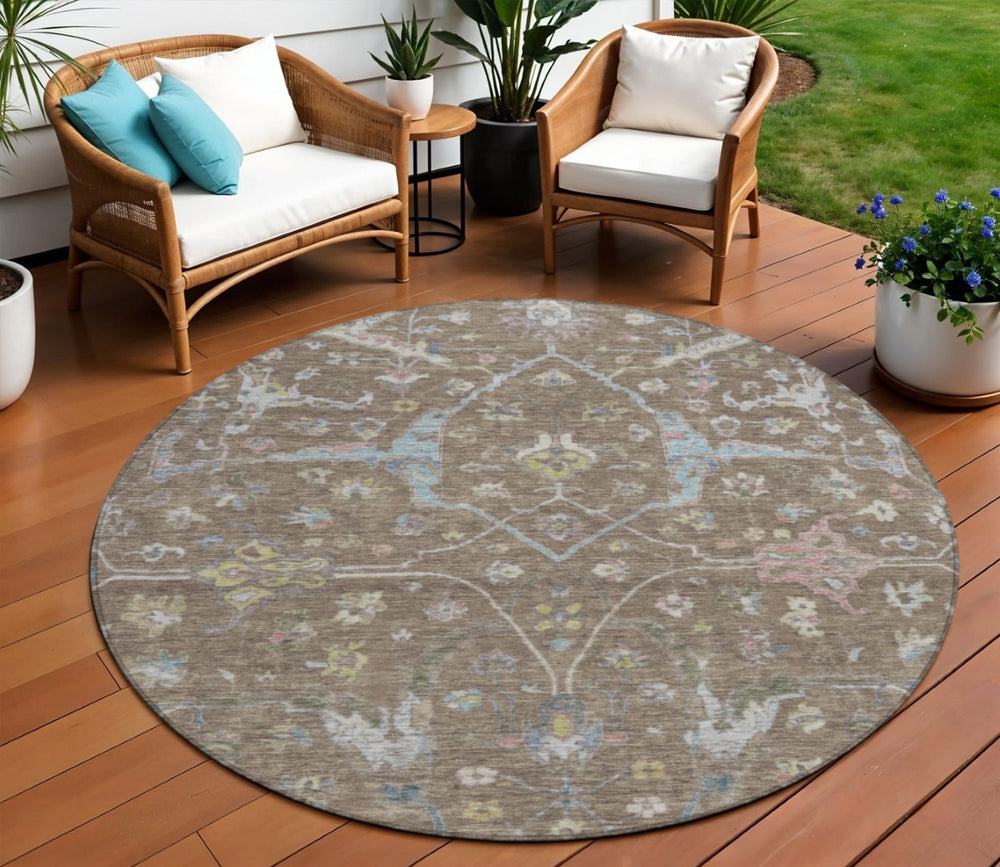 HomeRoots 8' Round Floral Area Rug in Brown, Blue, and Ivory - Washable, Durable, Indoor-Outdoor Charm! 639625