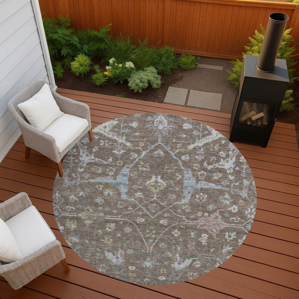 HomeRoots 8' Round Floral Area Rug in Brown, Blue, and Ivory - Washable, Durable, Indoor-Outdoor Charm! 639625