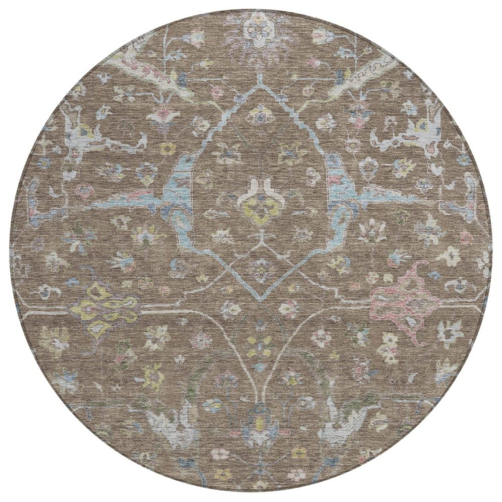HomeRoots 8' Round Floral Area Rug in Brown, Blue, and Ivory - Washable, Durable, Indoor-Outdoor Charm! 639625