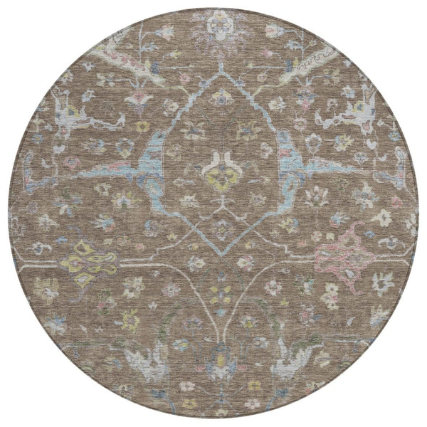 HomeRoots 8' Round Floral Area Rug in Brown, Blue, and Ivory - Washable, Durable, Indoor-Outdoor Charm! 639625