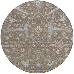 HomeRoots 8' Round Floral Area Rug in Brown, Blue, and Ivory - Washable, Durable, Indoor-Outdoor Charm! 639625