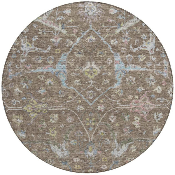 HomeRoots 8' Round Floral Area Rug in Brown, Blue, and Ivory - Washable, Durable, Indoor-Outdoor Charm! 639625