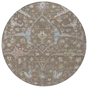 HomeRoots 8' Round Floral Area Rug in Brown, Blue, and Ivory - Washable, Durable, Indoor-Outdoor Charm! 639625
