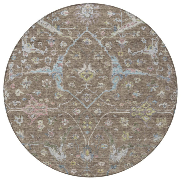 HomeRoots 8' Round Floral Area Rug in Brown, Blue, and Ivory - Washable, Durable, Indoor-Outdoor Charm! 639625