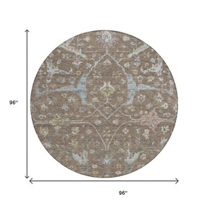 HomeRoots 8' Round Floral Area Rug in Brown, Blue, and Ivory - Washable, Durable, Indoor-Outdoor Charm! 639625