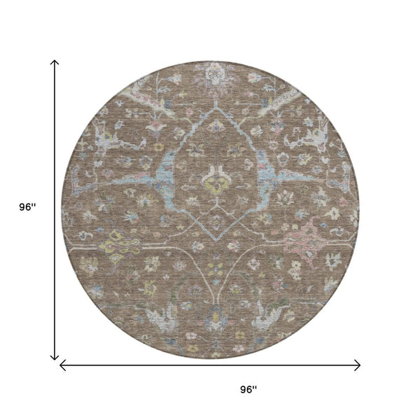 HomeRoots 8' Round Floral Area Rug in Brown, Blue, and Ivory - Washable, Durable, Indoor-Outdoor Charm! 639625
