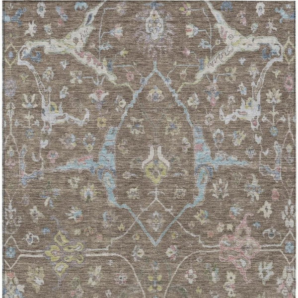 HomeRoots 9' X 12' Floral Washable Area Rug - Durable Indoor/Outdoor Charm in Brown, Blue, and Ivory Tones 639627