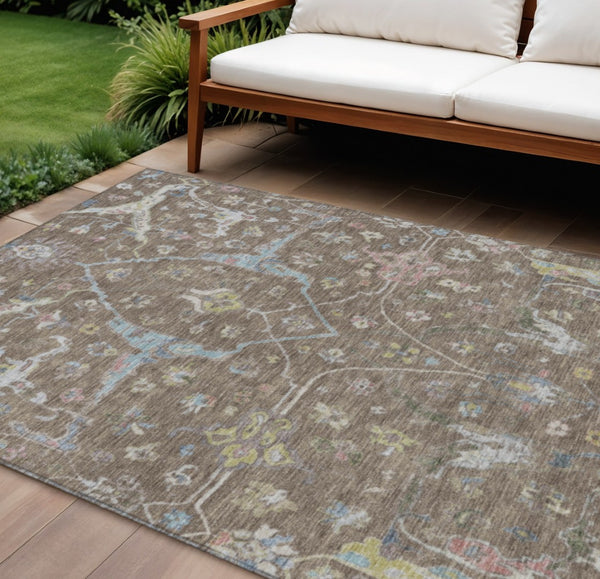 HomeRoots 9' X 12' Floral Washable Area Rug - Durable Indoor/Outdoor Charm in Brown, Blue, and Ivory Tones 639627