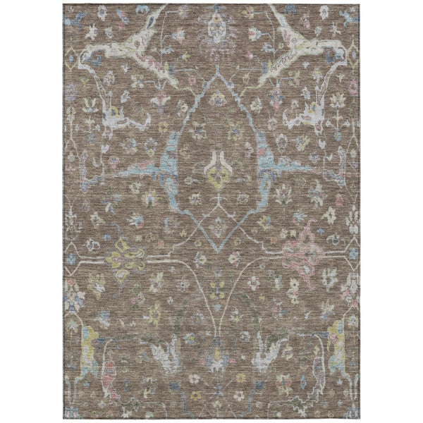 HomeRoots 9' X 12' Floral Washable Area Rug - Durable Indoor/Outdoor Charm in Brown, Blue, and Ivory Tones 639627