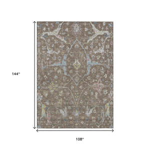 HomeRoots 9' X 12' Floral Washable Area Rug - Durable Indoor/Outdoor Charm in Brown, Blue, and Ivory Tones 639627