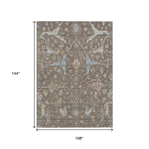 HomeRoots 9' X 12' Floral Washable Area Rug - Durable Indoor/Outdoor Charm in Brown, Blue, and Ivory Tones 639627