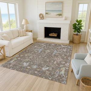 HomeRoots 9' X 12' Floral Washable Area Rug - Durable Indoor/Outdoor Charm in Brown, Blue, and Ivory Tones 639627