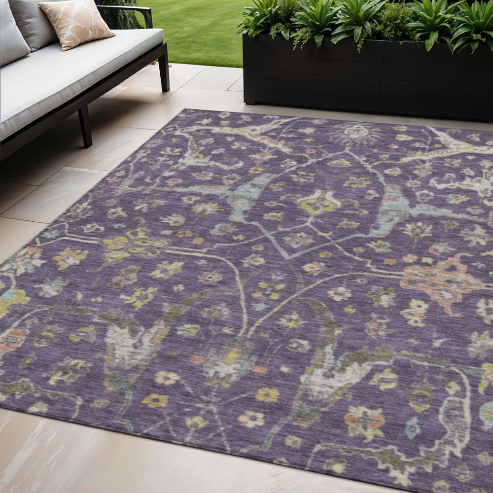 HomeRoots 5' Eggplant Beige and Gold Floral Washable Area Rug – Stylish Indoor/Outdoor Decor for Any Space! 639630