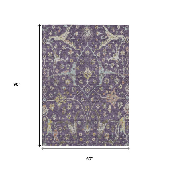 HomeRoots 5' Eggplant Beige and Gold Floral Washable Area Rug – Stylish Indoor/Outdoor Decor for Any Space! 639630