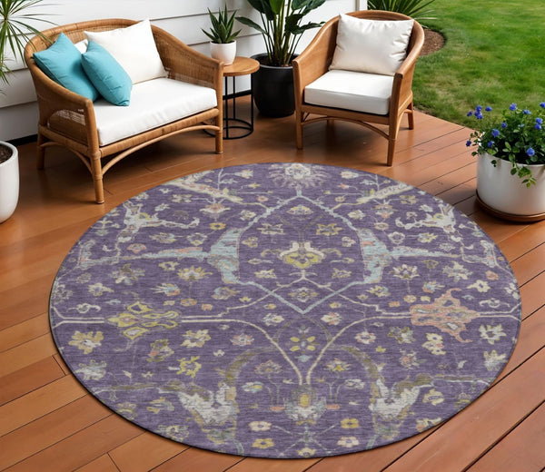 HomeRoots 8' Elegant Eggplant Beige & Gold Round Floral Washable Area Rug for Indoor & Outdoor Spaces 639631