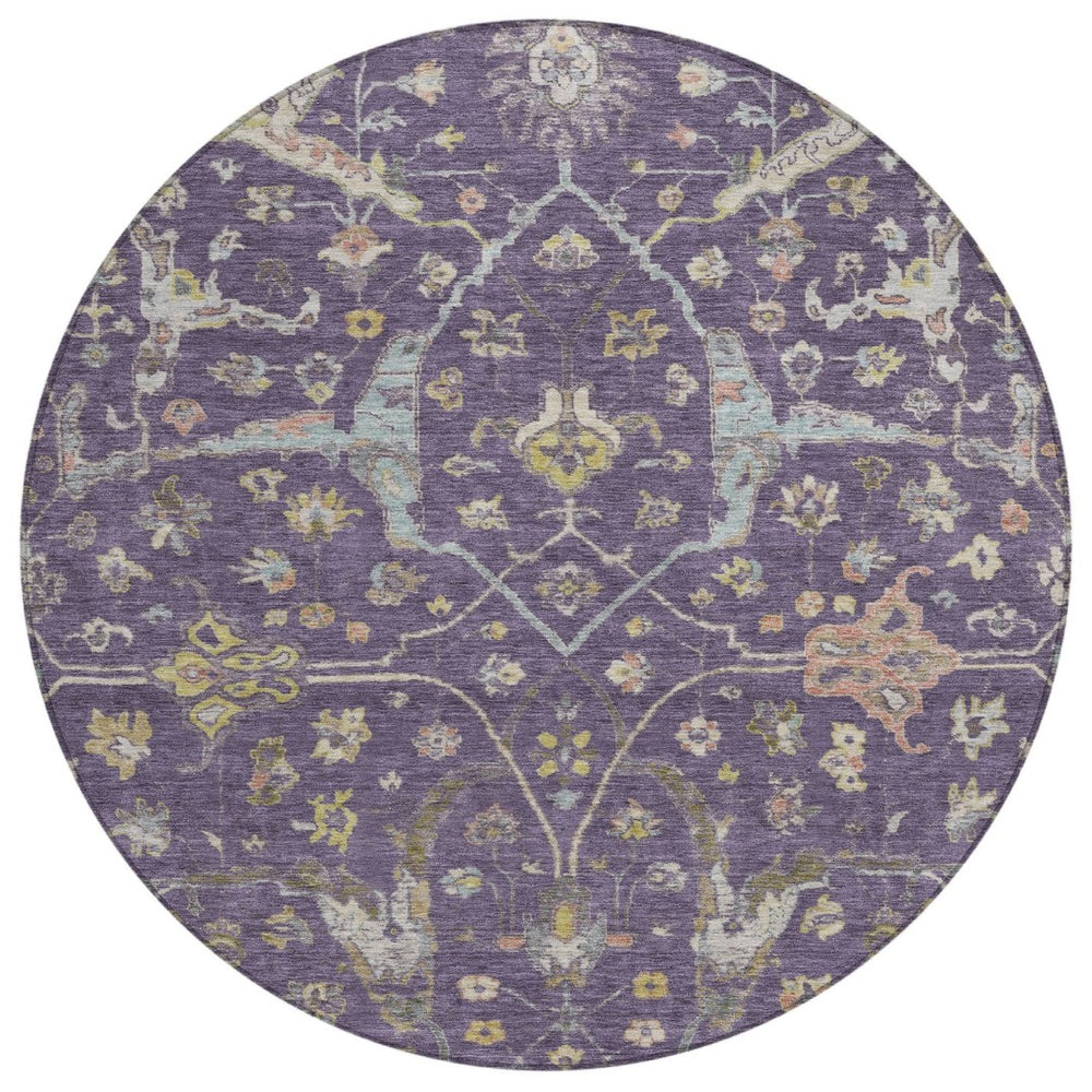 HomeRoots 8' Elegant Eggplant Beige & Gold Round Floral Washable Area Rug for Indoor & Outdoor Spaces 639631