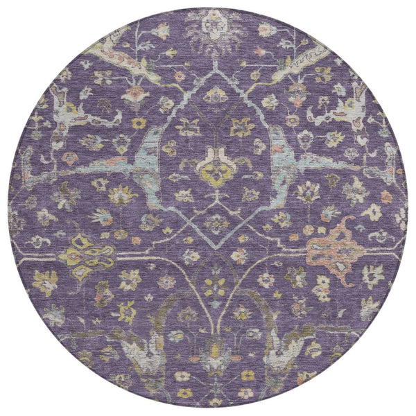 HomeRoots 8' Elegant Eggplant Beige & Gold Round Floral Washable Area Rug for Indoor & Outdoor Spaces 639631