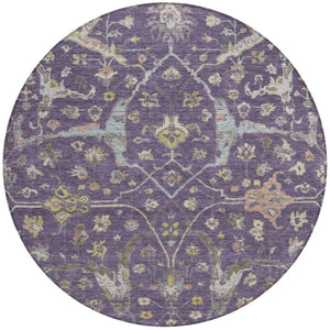 HomeRoots 8' Elegant Eggplant Beige & Gold Round Floral Washable Area Rug for Indoor & Outdoor Spaces 639631