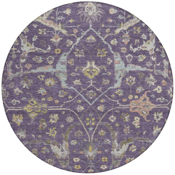HomeRoots 8' Elegant Eggplant Beige & Gold Round Floral Washable Area Rug for Indoor & Outdoor Spaces 639631
