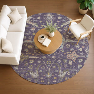 HomeRoots 8' Elegant Eggplant Beige & Gold Round Floral Washable Area Rug for Indoor & Outdoor Spaces 639631