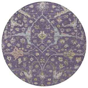 HomeRoots 8' Elegant Eggplant Beige & Gold Round Floral Washable Area Rug for Indoor & Outdoor Spaces 639631