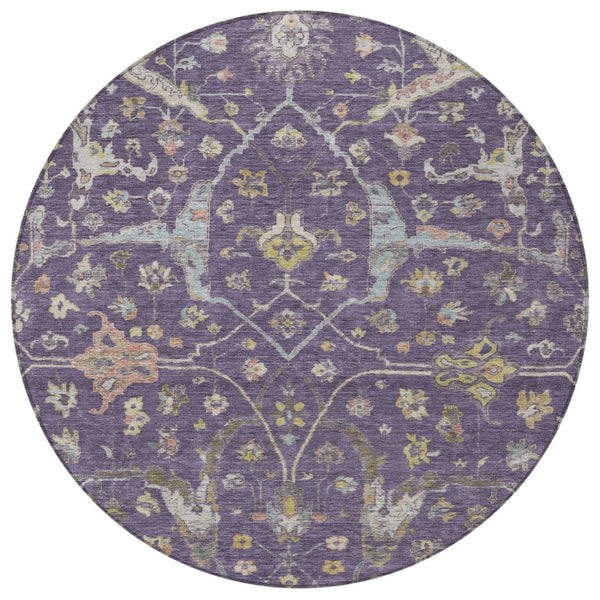 HomeRoots 8' Elegant Eggplant Beige & Gold Round Floral Washable Area Rug for Indoor & Outdoor Spaces 639631