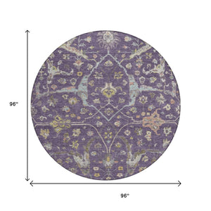 HomeRoots 8' Elegant Eggplant Beige & Gold Round Floral Washable Area Rug for Indoor & Outdoor Spaces 639631