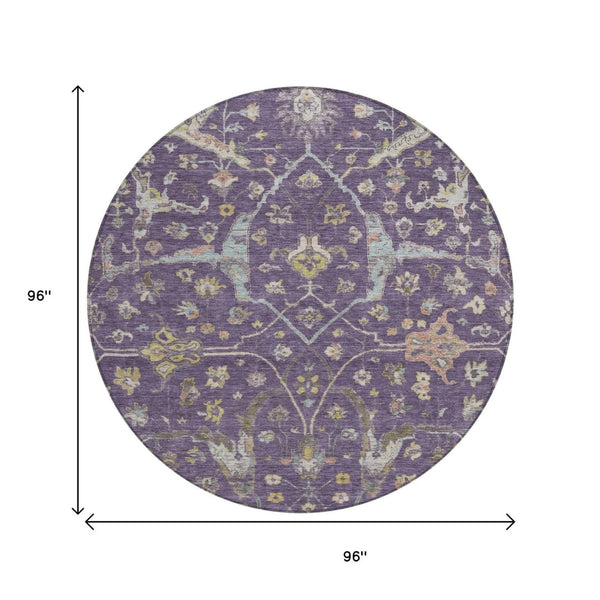 HomeRoots 8' Elegant Eggplant Beige & Gold Round Floral Washable Area Rug for Indoor & Outdoor Spaces 639631