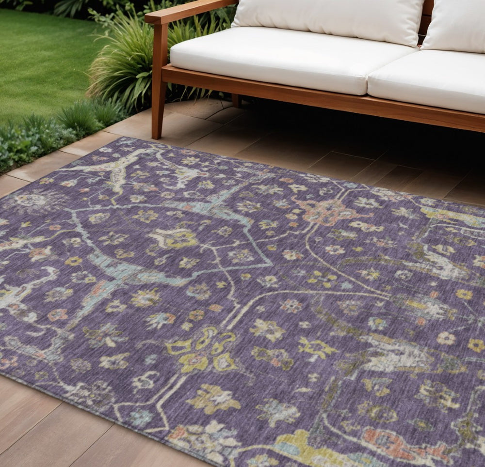 HomeRoots 8' X 10' Elegant Eggplant Beige & Gold Floral Washable Area Rug for Indoor & Outdoor Spaces 639632