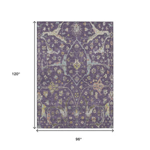 HomeRoots 8' X 10' Elegant Eggplant Beige & Gold Floral Washable Area Rug for Indoor & Outdoor Spaces 639632