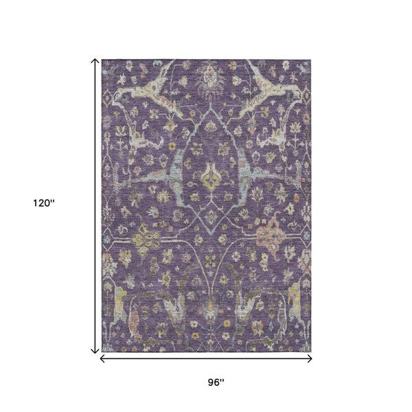 HomeRoots 8' X 10' Elegant Eggplant Beige & Gold Floral Washable Area Rug for Indoor & Outdoor Spaces 639632