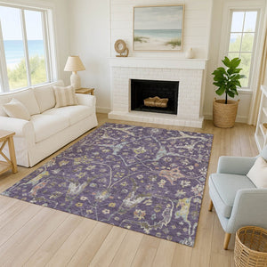 HomeRoots 8' X 10' Elegant Eggplant Beige & Gold Floral Washable Area Rug for Indoor & Outdoor Spaces 639632