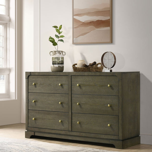 English Elm Sundance Six-Drawer Dark Cocoa Dresser Cabinet with Brass Knobs, Solid Wood Drawer Boxes, 61"W B062P378394