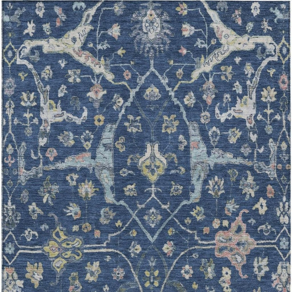 HomeRoots 5' Navy Blue Gold Floral Area Rug - Machine Washable, Durable Indoor/Outdoor Design Perfect for Homes 639636