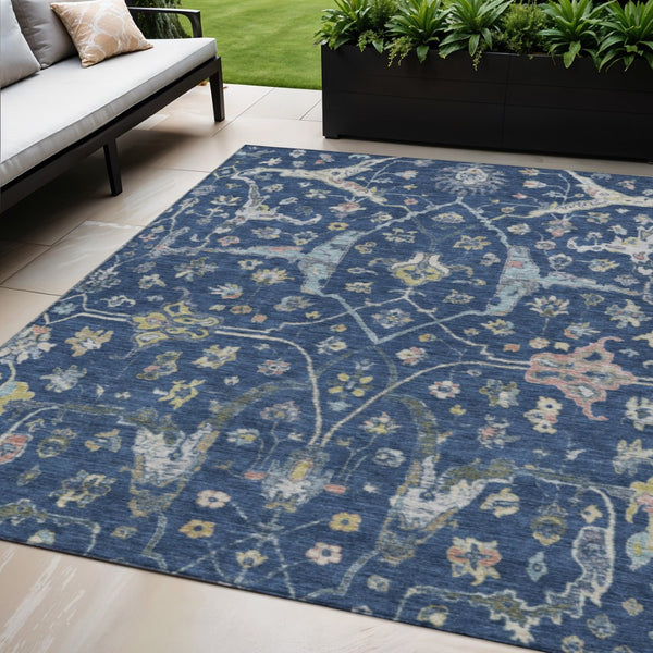 HomeRoots 5' Navy Blue Gold Floral Area Rug - Machine Washable, Durable Indoor/Outdoor Design Perfect for Homes 639636
