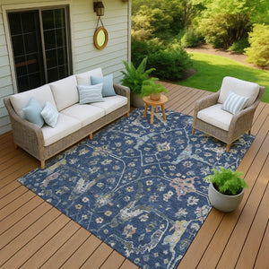 HomeRoots 5' Navy Blue Gold Floral Area Rug - Machine Washable, Durable Indoor/Outdoor Design Perfect for Homes 639636